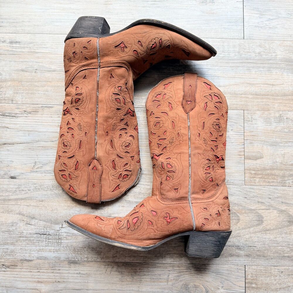 Laredo Leather Western Cowboy Boots Size 8 Brown Cutout Embroidered Women's